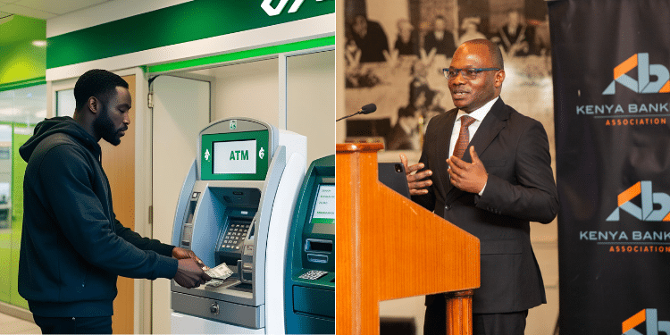 A photo collage of a man withdrawing money from an atm and a photo of Kenya Bankers Association CEO Raimond Molenje speaking at a past meeting. Photo- Canva/ KBA