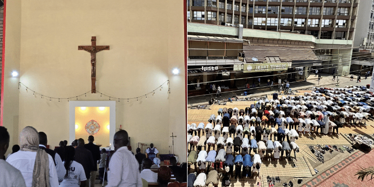 A photo collage of Christian faithful at a church during the Ash Wednesday and a photo of Muslims in the firs Jumah Iftar along Kenyatta Avenue, Nairobi. PHOTOS- Samuel Odimu/ Jamia Mosque.
