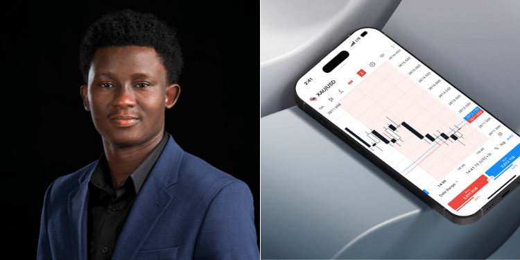 A collage of Forex trader Kojo and a photo of a forex application interface. PHOTOS/ Exness