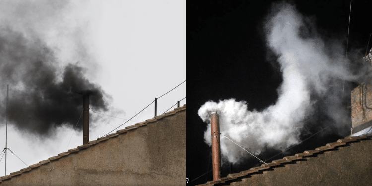 A collage of black and white smoke coming out of Sistine Chapel. Photo/ Nedu Ani X