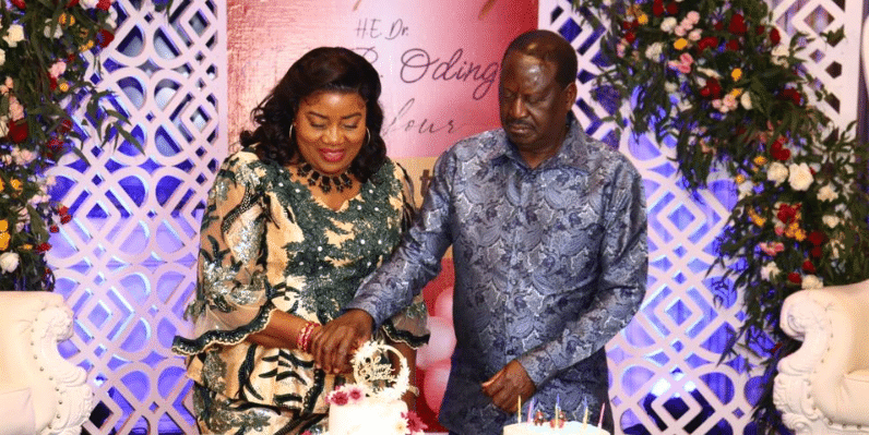 Ida Odinga and her husband Raila cut a cake at Villa Rosa Kempinski in Nairobi on August 24, 2023 at a party to celebrate her birthday and their anniversary.