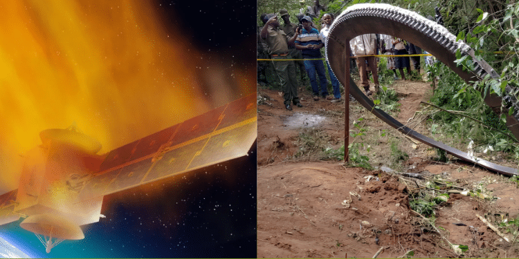 A collage of Space Debris in the space and a metallic object that fell from the sky in Makueni County PHOTO/Scientific America/Nature.com