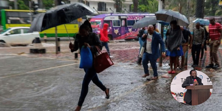 A photo collage of Kenya Met Department Director David Gikungu and Kenyans during the recent rains in Nairobi PHOTO/FILE, Kenya Met.