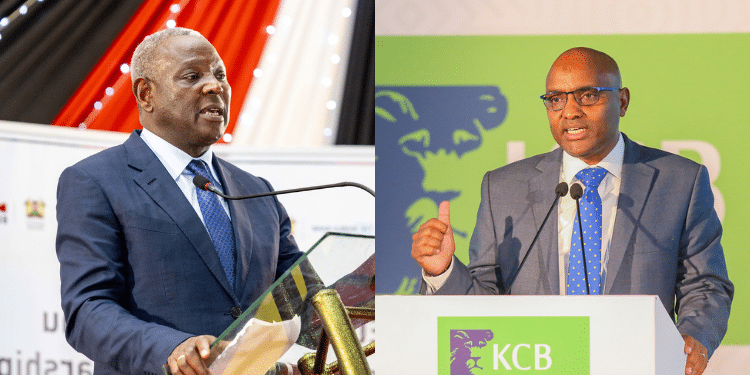 A photo collage of Equity Bank CEO James Mwangi and KCB CEO Paul Russo. PHOTO/Equity and KCB.