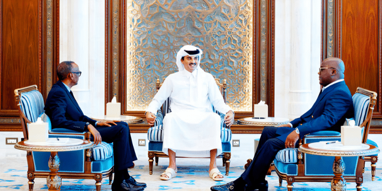 From left, Rwandan President Paul Kagame, Qatari Emir Sheikh Tamim bin Hamad Al Thani and DRC President Felix Tshisekedi attend a meeting in Doha on Tuesday. PHOTO/ Qatari Ministry of Foreign Affairs.