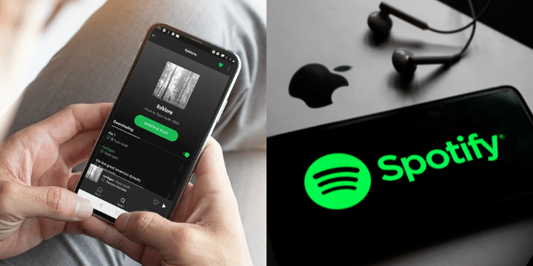 A collage featuring someone playing music in Spotify and Spotify logo PHOTO/PcMag