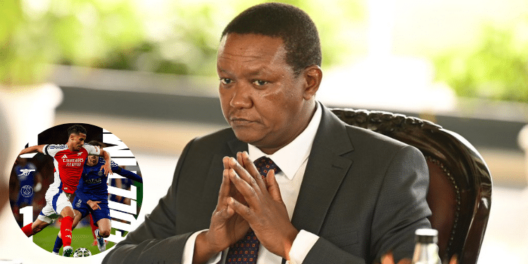 A photo collage of Labour CS Alfred Mutua and the final results of Arsenal-PSG game. PHOTO/Mutua X/Arsenal.