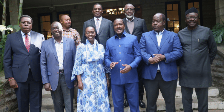 Wiper Democratic Movement Party Leader Kalonzo Musyoka together with Fred Matiang'i, Martha Karua, Rigathi Gachagua, Eugene Wamalwa, Mukhisa Kituyi, Justin Muturi, Mithika Linturi during a meeting. Photo/ Gachagua