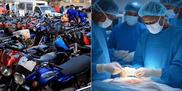 A collage of impounded boda bodas and an image of medics in a kidney transplant process.