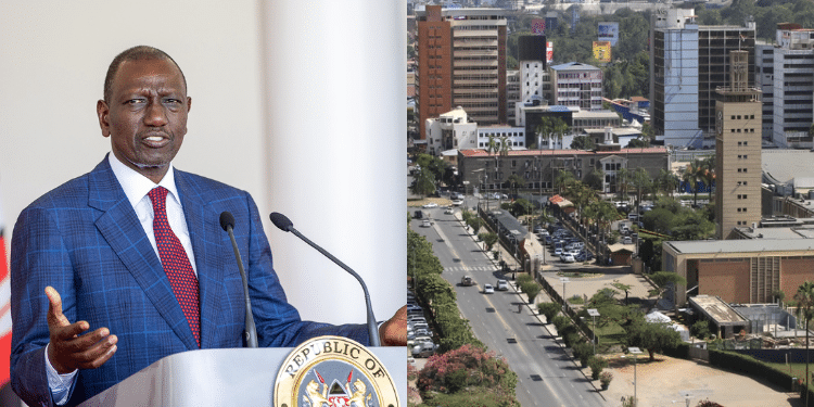 A Collage of President Ruto and Parliament building with its surrounding Buildings