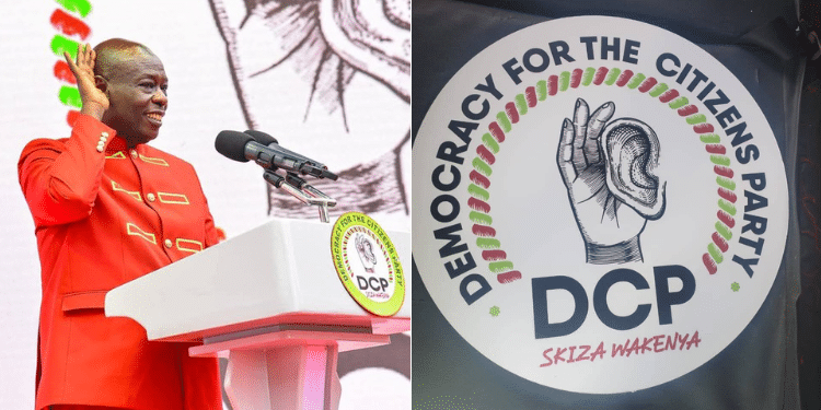 A Collage of Former Deputy President Rigathi Gachagua (left) and Democracy for Citizens Party (DCP) logo (right). Photo/Courtesy