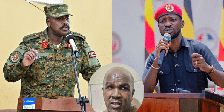 A collage of Uganda CDF general Muhoozi and Bobi Wine and an inset of Eddie Mutwe. Photo UPDF, NUP, Muhoozi