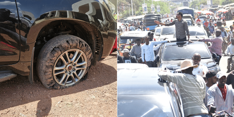 A collage of his car tyre rapturedMP Salasya addressing Isiolo residents, Photo/ Salasya
