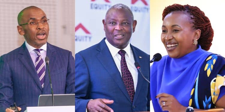 Safaricom CEO Peter Ndegwa (Left), Equity Bank CEO James Mwangi (Centre) and MTN Uganda CEO Silvia Mulinge.