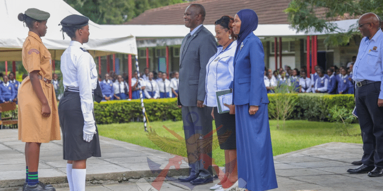 Kenya Air Force Commander Major General Fatuma Ahmed with Moi Forces Academy Lanet students during the launch of the Aviation Technology subject by the school to make it the first national girls school to offer it in the country. PHOTO/KDF