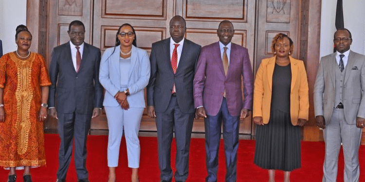 President William Ruto receives the report on the recruitment of nominees for the positions of Chairperson and Members of the Independent Electoral and Boundaries Commission (IEBC) from the IEBC Selection Panel, European Union State House Nairobi. PHOTO/PCS