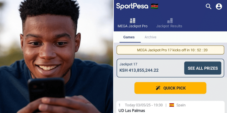 A collage of a young man using a smartphone and a screengrab showing current SportPesa mega jackpot.
