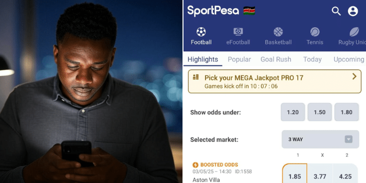 A photo collage of a man using a phone and the interface showing different games on SportPesa's website.