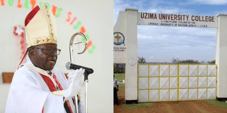 A photo collage of Most Rev. Zacchaeus Okoth and Uzima University gate. PHOTO/Standard/Uzima University.