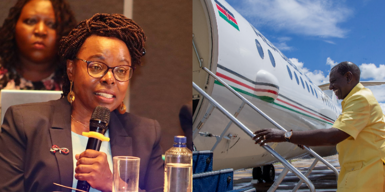 A photo collage of President William Ruto boarding a plane and Controller of Budget (CoB) Margaret Nyakang'o. PHOTO/PCS/Parliament.