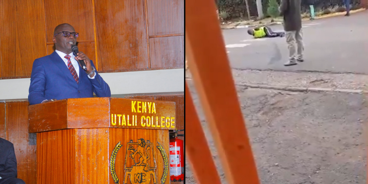 A Photo Collage Of Kenya Utalii College Principal/Ceo Mark Ogendi And A Screengrab Of The Student Lying On The Ground With His Hands Tied On His Back. Photo/Of Kenya Utalii College/Ugc.