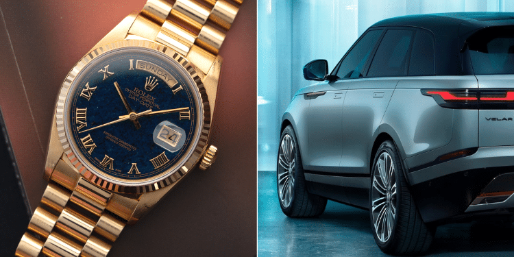 A collage of a Rollex watch and a Range Rover SUV. Photos- The Watch Business/ Land Rover Kenya