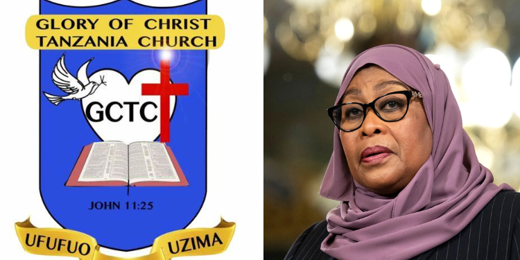 A Collage of Tanzania President Samia Suluhu (right) and Glory of Christ Church – Ufufuo na Uzima logo. PHOTO/Suluhu