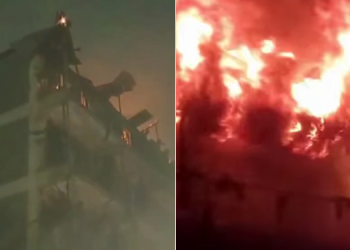 A collage of four-story residential building in the Stage 2 area of Congo Kawangware on fire.