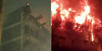 A collage of four-story residential building in the Stage 2 area of Congo Kawangware on fire.