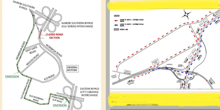 A photo collage of traffic management plan for closure around Ole Sereni (left) and closure at the Intersection of A8 Waiyaki Way (right). PHOTO/KeNHA.
