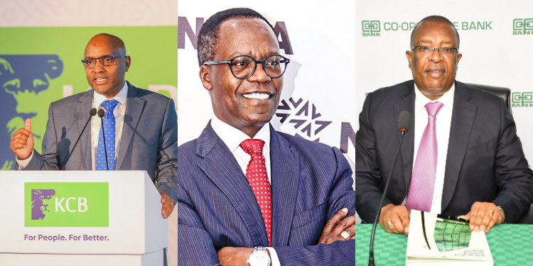 A collage of KCB CEO Paul Russo, NCBA CEO John Gachora, and Cooperative bank's Gideon Muriuki.