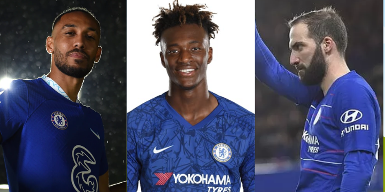 From left Pierre-Emerick Aubameyang, Tammy Abraham and Gonzalo Higuain. PHOTO/CFC/Abraham FB/All Football. Chelsea