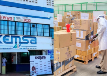 A collage of KEMSA headquarter building & Medical supplies in the facility PHOTO/KEMSA