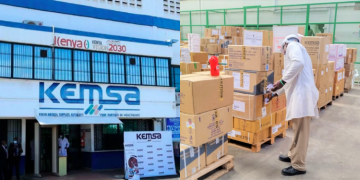 A collage of KEMSA headquarter building & Medical supplies in the facility PHOTO/KEMSA