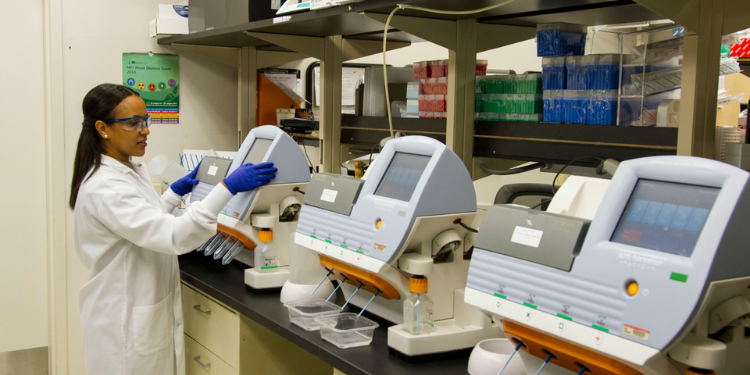 Lab technician working inside a laboratory.
