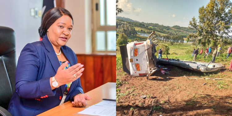 A photo collage of CS Rebecca Miano and the bus that was carrying the tourists. PHOTO/Miano X.