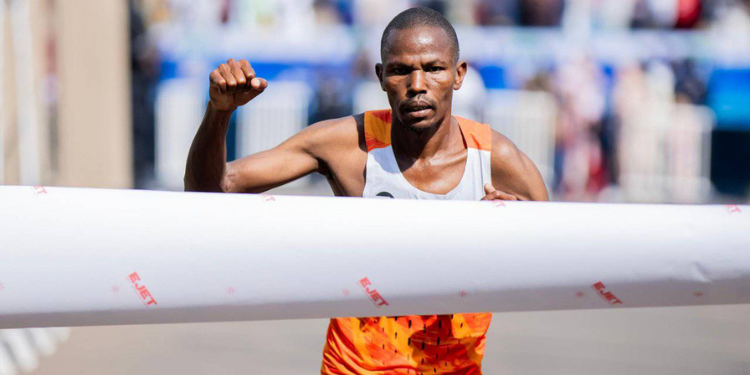 Laban Kipngetich Korir approaches the finish line at 2025 Kigali Peace Marathon.