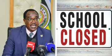 A Collage Of Education Cs Julius Ogamba In A Past Event And A School Closed Sign.