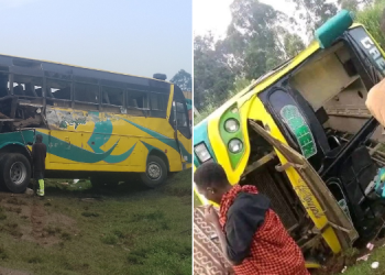 A Collage Of Greenline Bus Overturned After Collision With Truck In Bukembe.