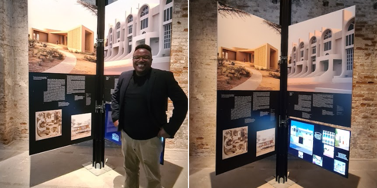 A Collage Of Kenyan Architect Geoffrey Mosoti Nyakiongora With His Project At Venice Biennale. 