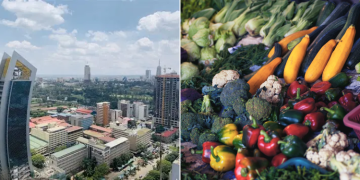 A Collage Of Nairobi City (Left) And A Display Of Grocery (Right).