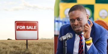 A Collage Of Nairobi Governor Johnson Sakaja (Right) And Land On Sale Sign (Left).