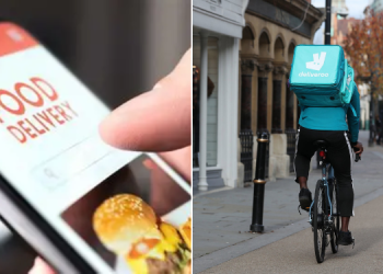 A Collage Of A Delivery Guy Cycling (Right) And A User Of A Mobile Phone Ordering Food (Left).