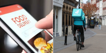 A Collage Of A Delivery Guy Cycling (Right) And A User Of A Mobile Phone Ordering Food (Left).
