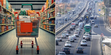 A Collage Of A Shopping Cart (Left) And Vehicles On Thika Superhighway (Right).
