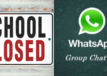 A Collage Of School Closed Sign (Left) And A Whatsapp Icon.
