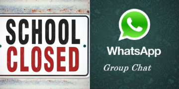 A Collage Of School Closed Sign (Left) And A Whatsapp Icon.