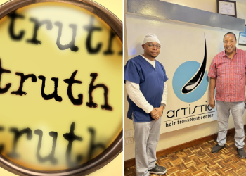 A Collage Of ‘Truth’ Symbol (Left0 And Former Kiambu Governor Ferdinand Waititu (Right) And Trichologist, Jared H. Babu At Artistic Hair Transplant Center.