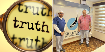 A Collage Of ‘Truth’ Symbol (Left0 And Former Kiambu Governor Ferdinand Waititu (Right) And Trichologist, Jared H. Babu At Artistic Hair Transplant Center.