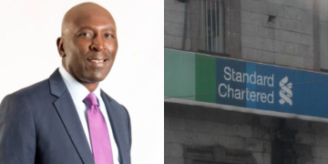 A photo collage of Richard Etemesi and the Standard Chartered Bank branch in Nairobi. PHOTO/Standard Chartered Bank.